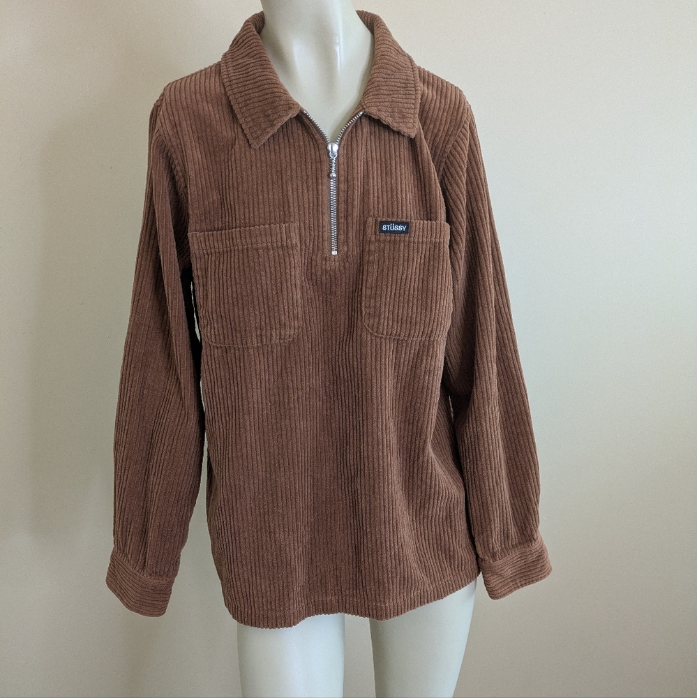 Stussy Brown Corduroy Long Sleeve Shirt With 3/4 Zip Women's Medium